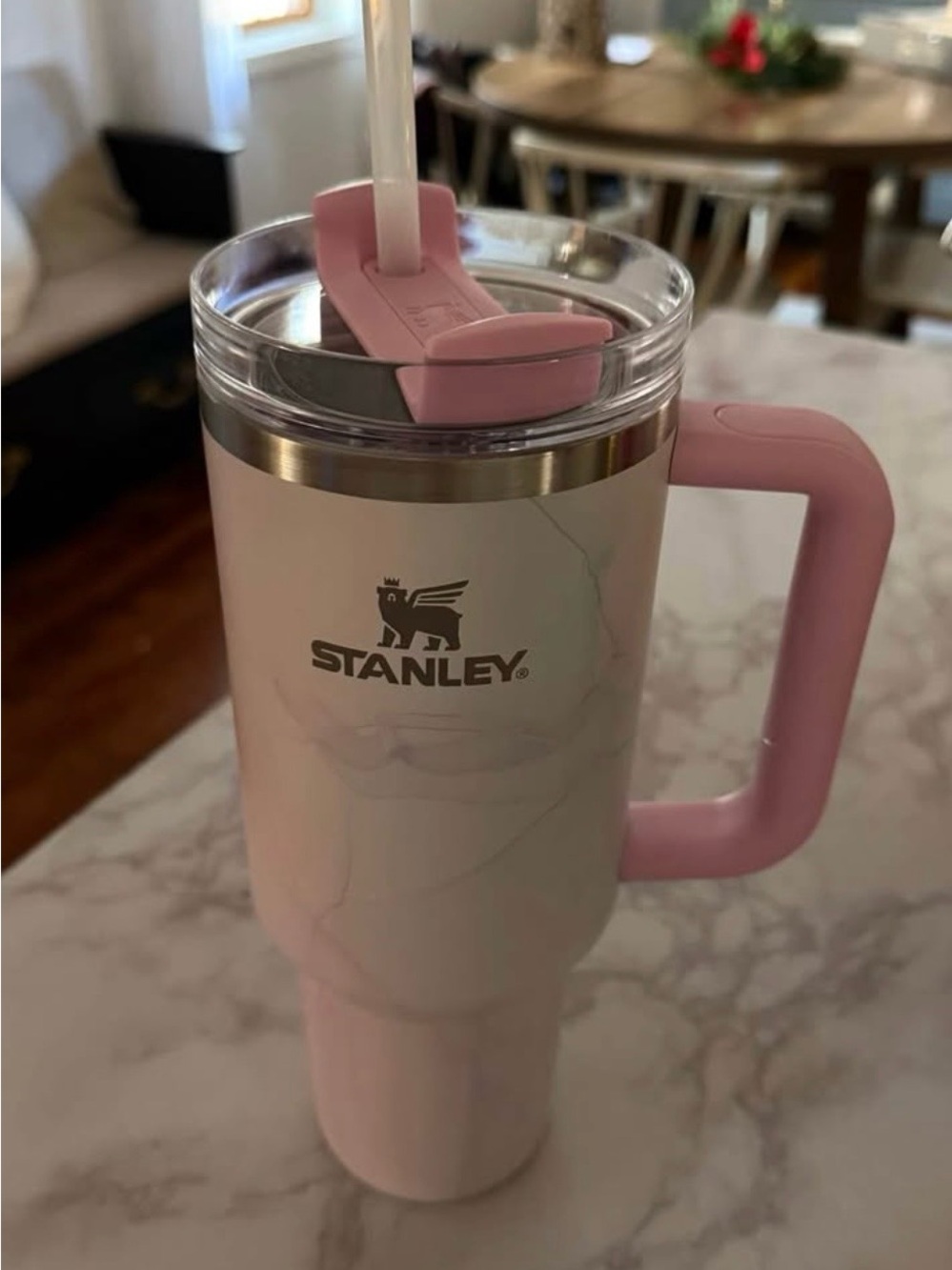 Stanley Pink and White Travel Tumbler with Handle